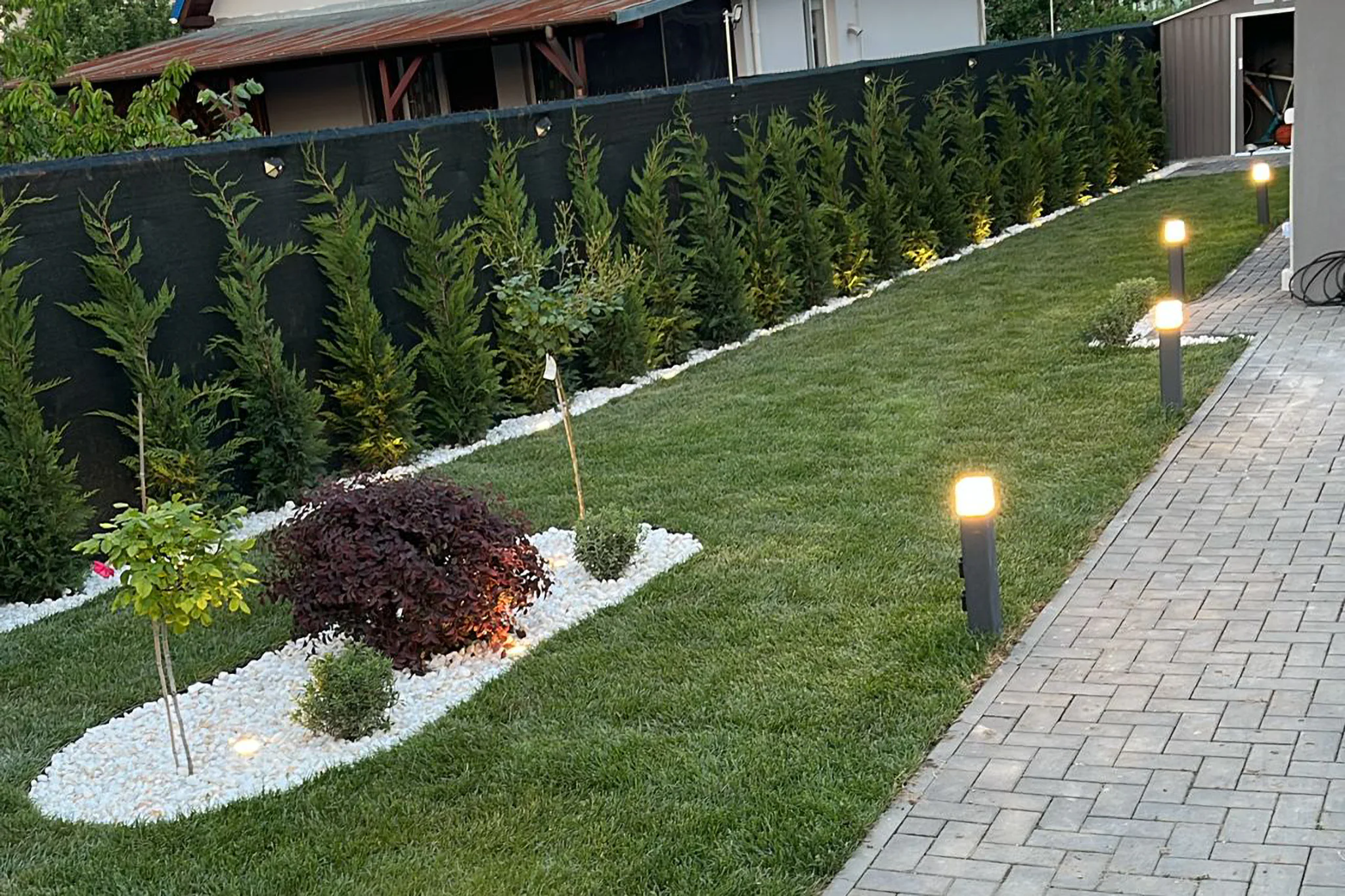 Gazon, conifere, plantare decorativă și alee pavată într-o grădină rezidențială din Pipera
