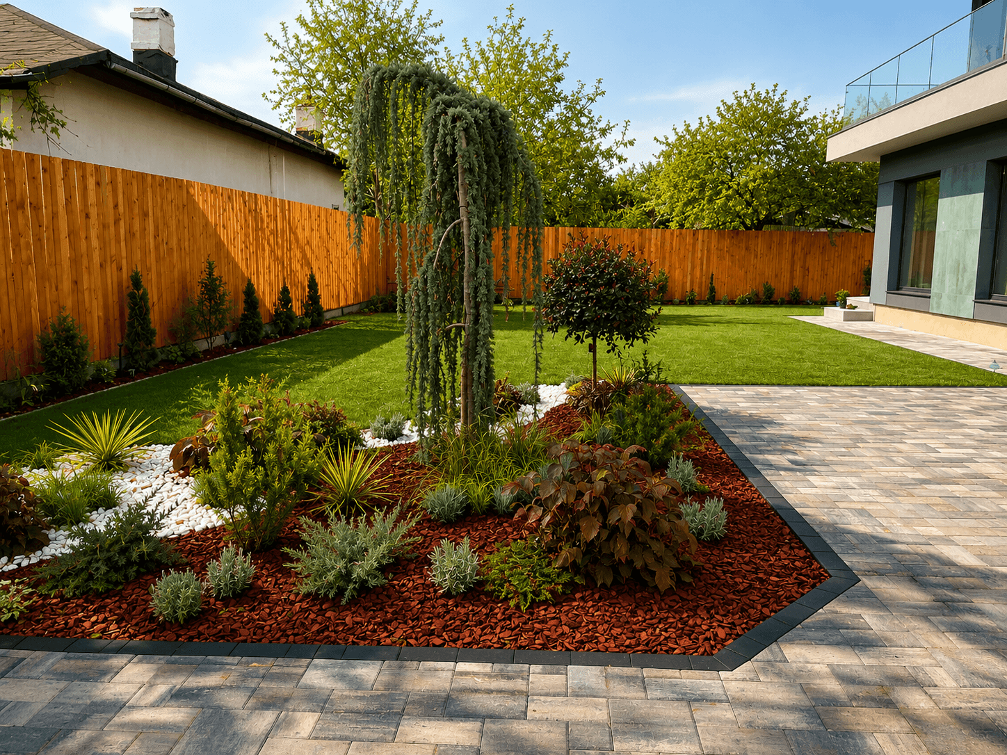 Grădină cu alee și plantări Grădină amenajată cu alee pavată, gazon, arbori și plante decorative