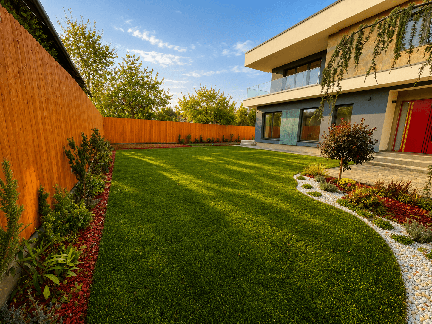 Grădină modernă cu gazon Curte modernă cu gazon, plantări decorative și alee pavată